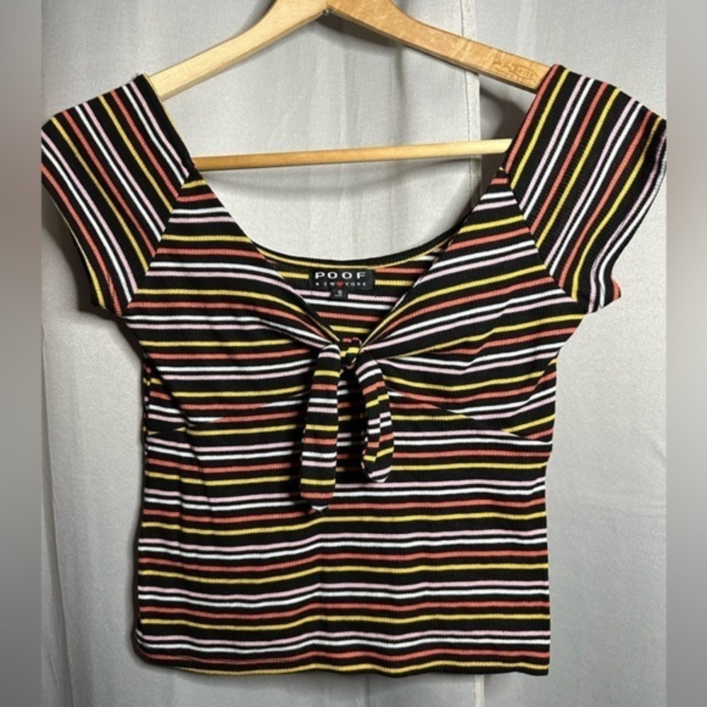 Poof New‎ York Multi Color Striped Tie Front Ribbed Crop Top Small
